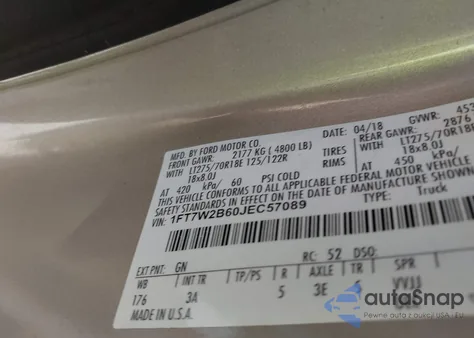 2018 Ford F-250 Xlt из США, поврежденный, VIN 1FT7W2B60JEC57089